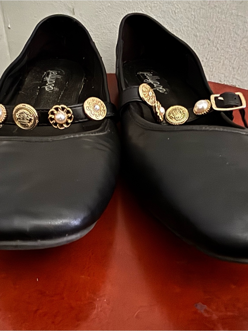 Black Mary Jane Flats with Gold Button Embellishments